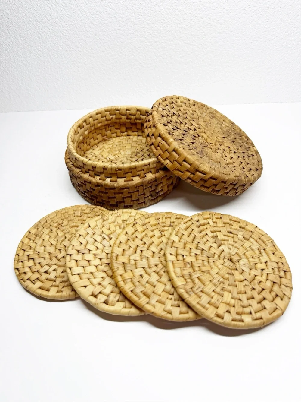 Vintage Boho Woven Wicker Coasters and Caddy Set